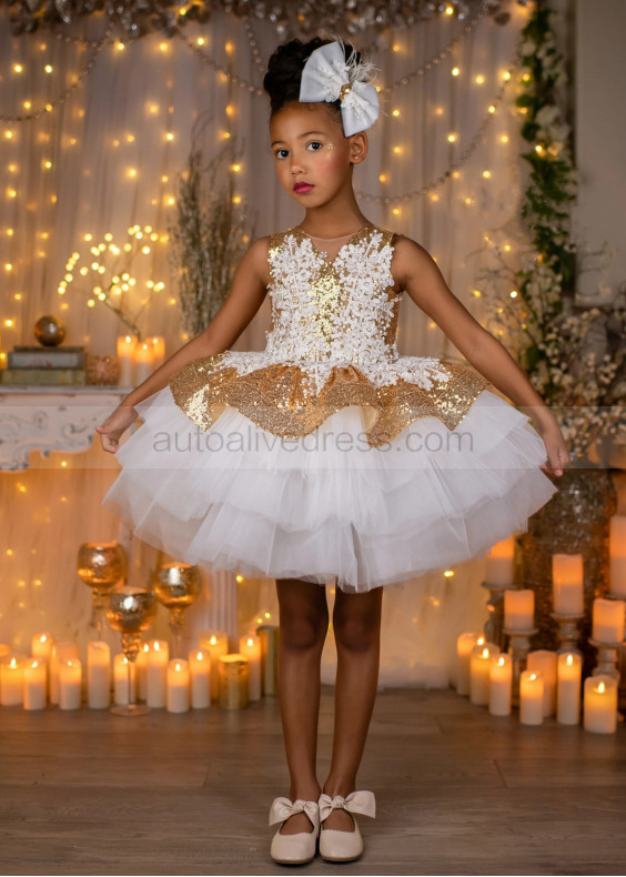 Gold Sequin Ivory Lace V Back Short Flower Girl Dress